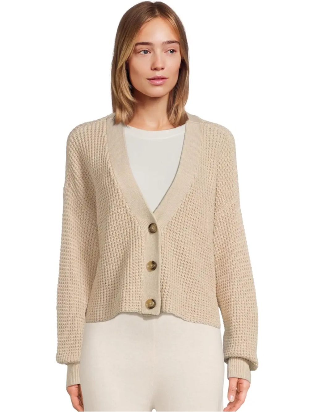 Eberjey Cream Waffle-Knit V-Neck Button Cardigan